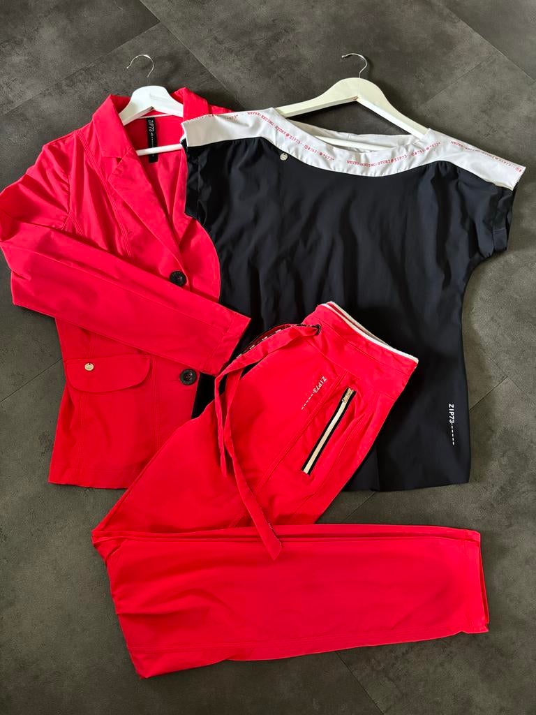 ZIP73 Dames Set: Blazer, Broek & Top - Rood/Zwart, Maat 38/40 (M), Ophalen of Verzenden, Zo goed als nieuw, Lang