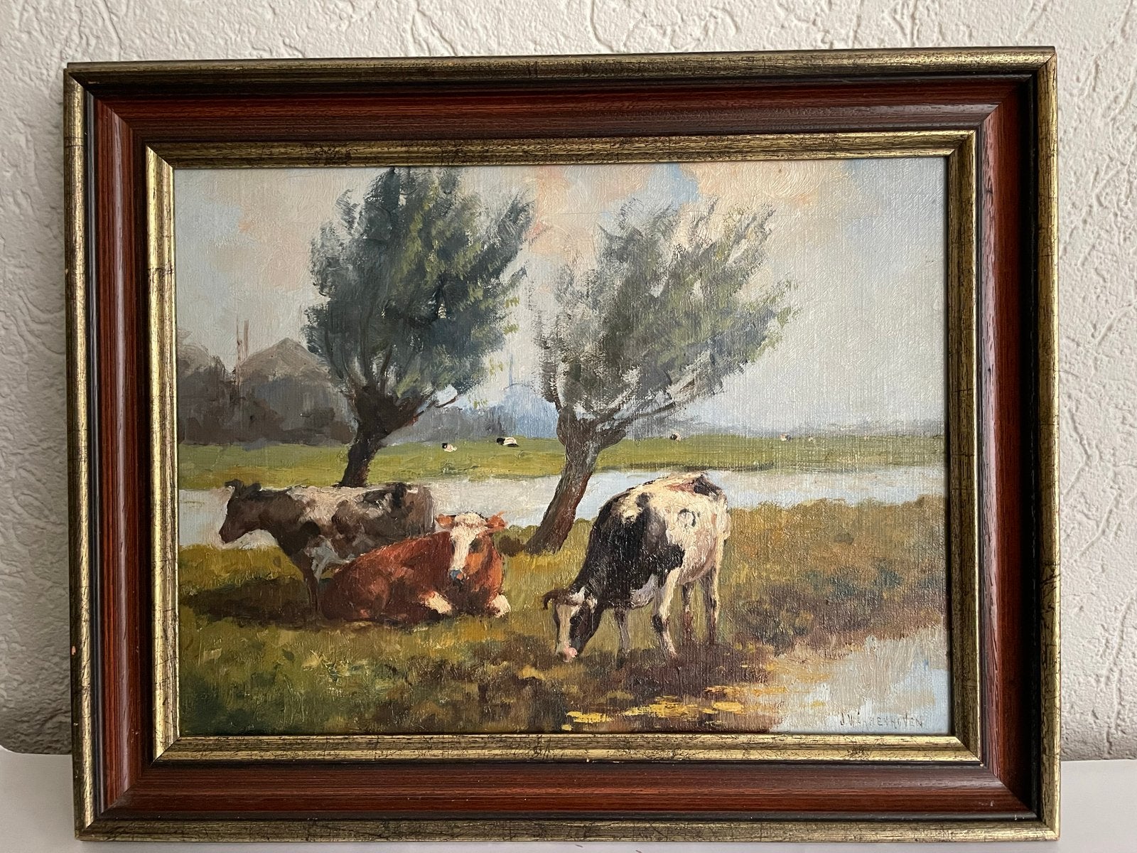 Olieverfschilderij J.W. Henhoven - Koeien in Landschap, Antiek en Kunst, Ophalen of Verzenden