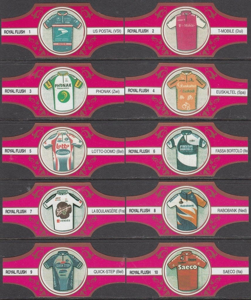 Sigarenbanden Wielrennen tenue's Royal Flush 1-10 magenta, Verzamelen, Ophalen of Verzenden, Nieuw, Sigarenbandjes