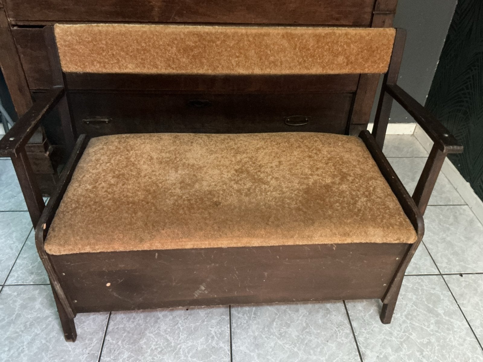 Vintage houten bankje met opbergruimte en kussen, Ophalen