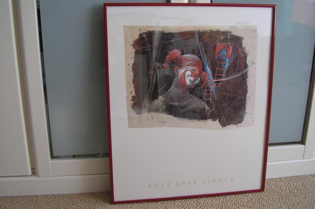 Poster met circus clown (ingelijst), Ophalen, 50 tot 75 cm, Zo goed als nieuw, Foto of Poster