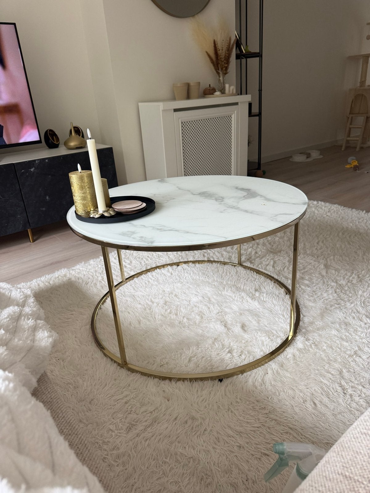 Moderne Marmeren Salontafel met Gouden Frame, Ophalen, Rond, 50 tot 100 cm, Zo goed als nieuw