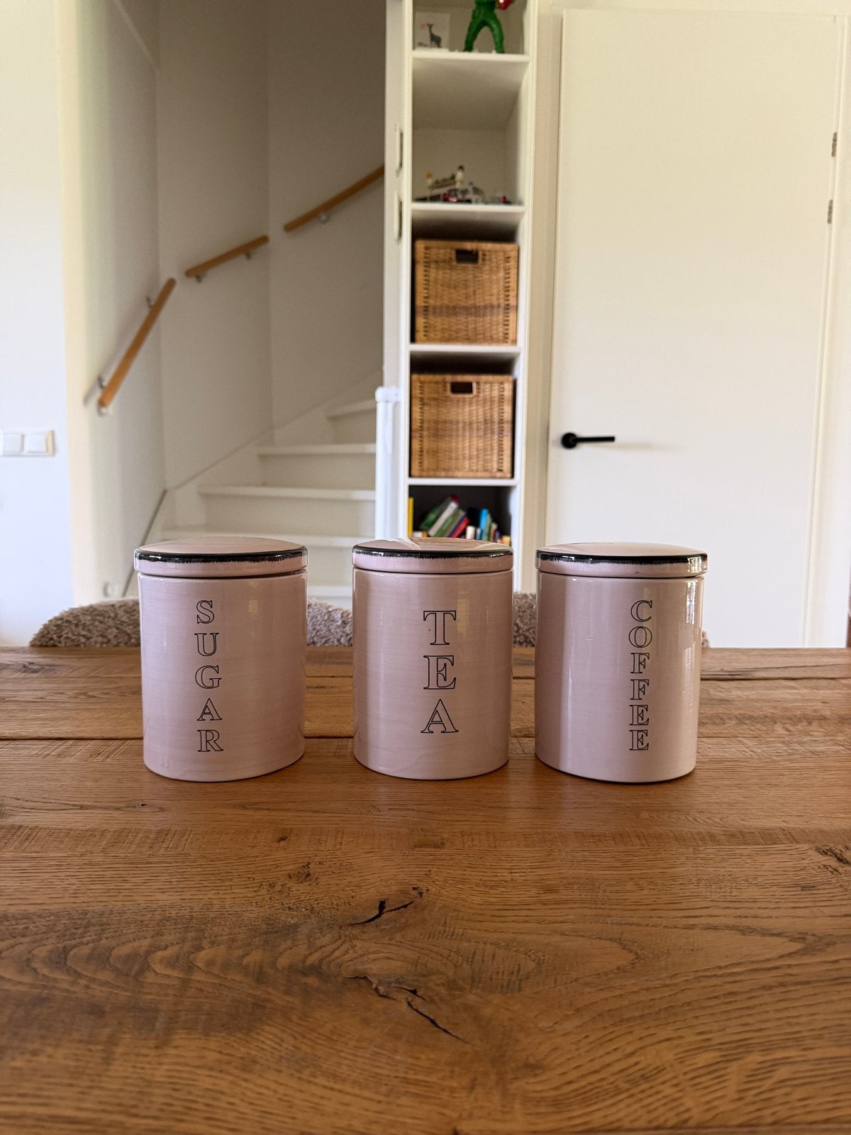 Set van 3 voorraadpotten: Suiker, Thee, Koffie, Gebruikt, Ophalen of Verzenden, Voorraadpot, Roze