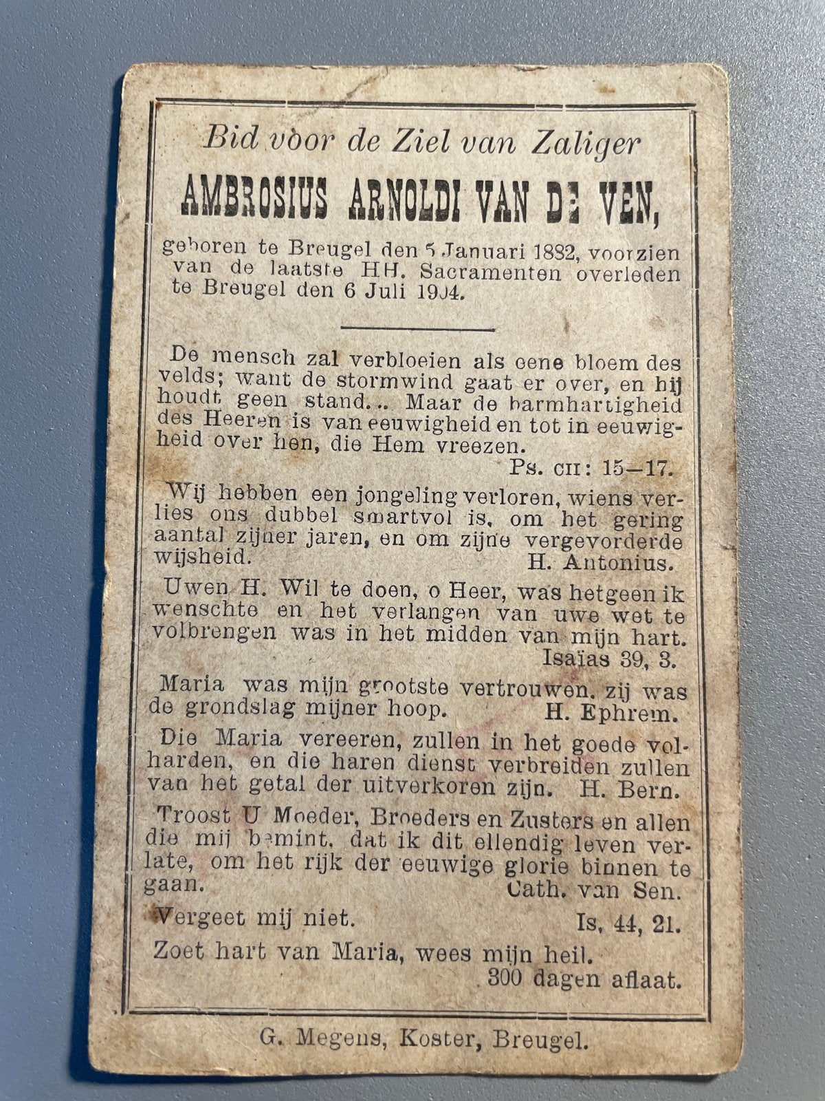 Bidprentje Ambrosius Arnoldi van de Ven 1904, Ophalen of Verzenden, Gebruikt, Kaart of Prent, Christendom | Katholiek