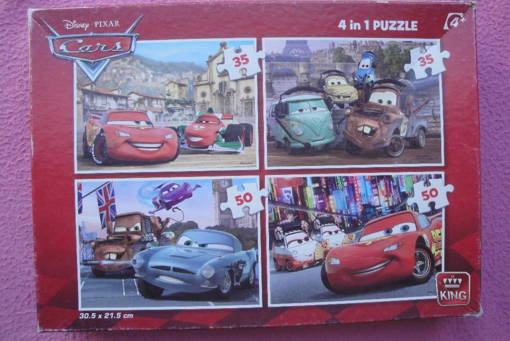 KING DISNEY CARS KINDERPUZZLES 4 IN 1 voor 1.95euro., Ophalen of Verzenden, Minder dan 500 stukjes, Zo goed als nieuw, Legpuzzel