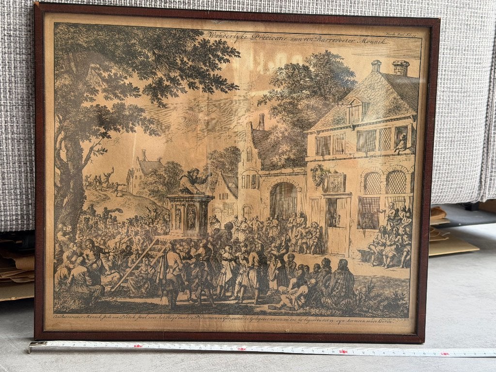 Reproductie historische prent Jan Luyken: Barrevoeter Monnik, Antiek en Kunst, Ophalen of Verzenden, Klassiek, Stads- / dorpsgezicht