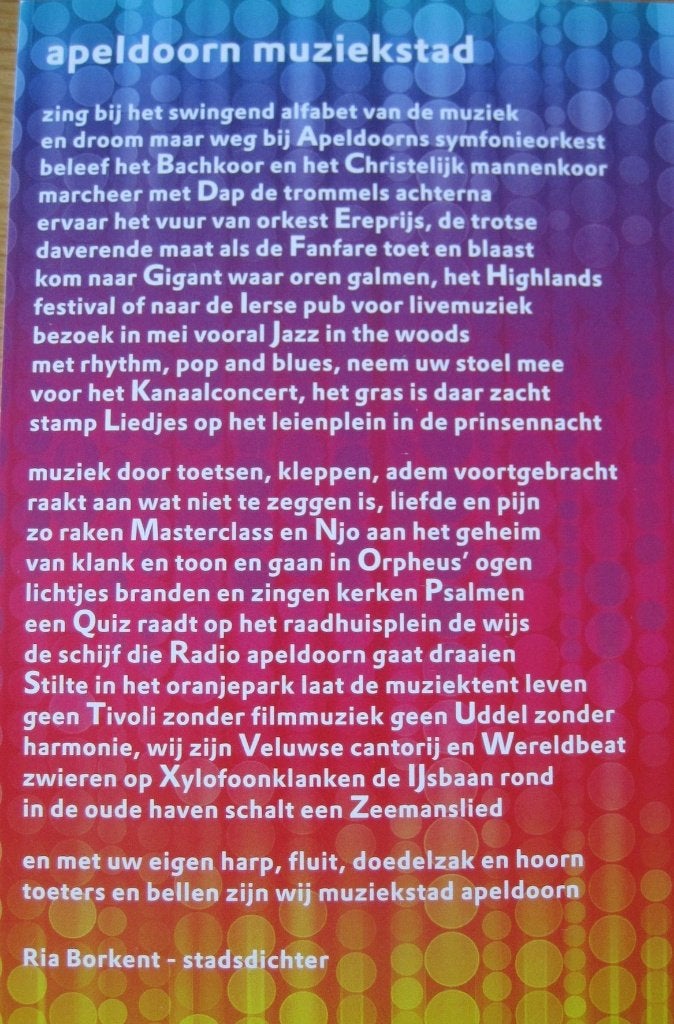 gedicht - Apeldoorn muziekstad - Ria Borkent - nieuw, Verzenden, 1980 tot heden, Ongelopen, Overige thema's