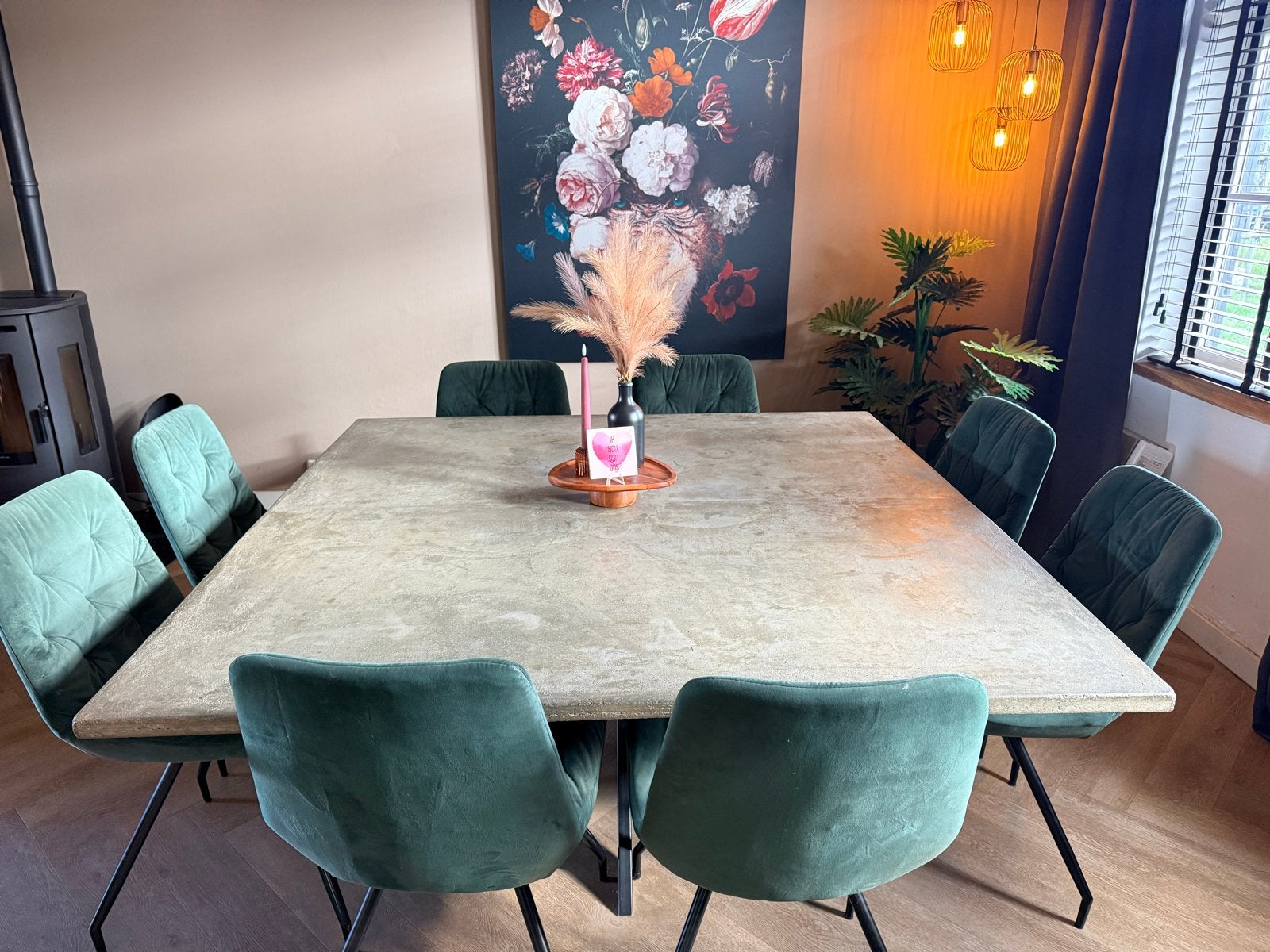 Unieke handgemaakte eettafel van gewapend beton 160x160 cm, Huis en Inrichting, Ophalen, Overige materialen, Gebruikt, 150 tot 200 cm