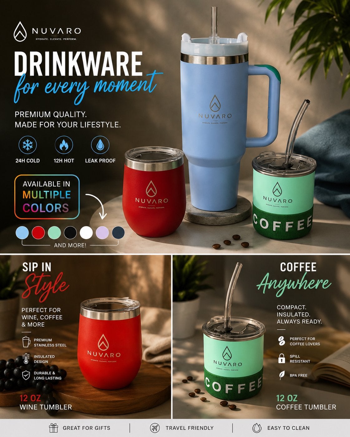NUVARO Drinkware: Geïsoleerde Roestvrijstalen Tumblers, Overige typen, Nieuw, Ophalen of Verzenden, Metaal