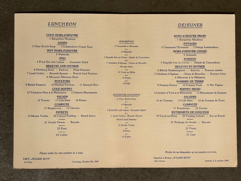 Menu 8 oktober 1949 "Willem Ruys" 1e klas Rotterdamse Lloyd, Ophalen of Verzenden, Gebruikt, Motorboot of Zeilboot, Overige typen