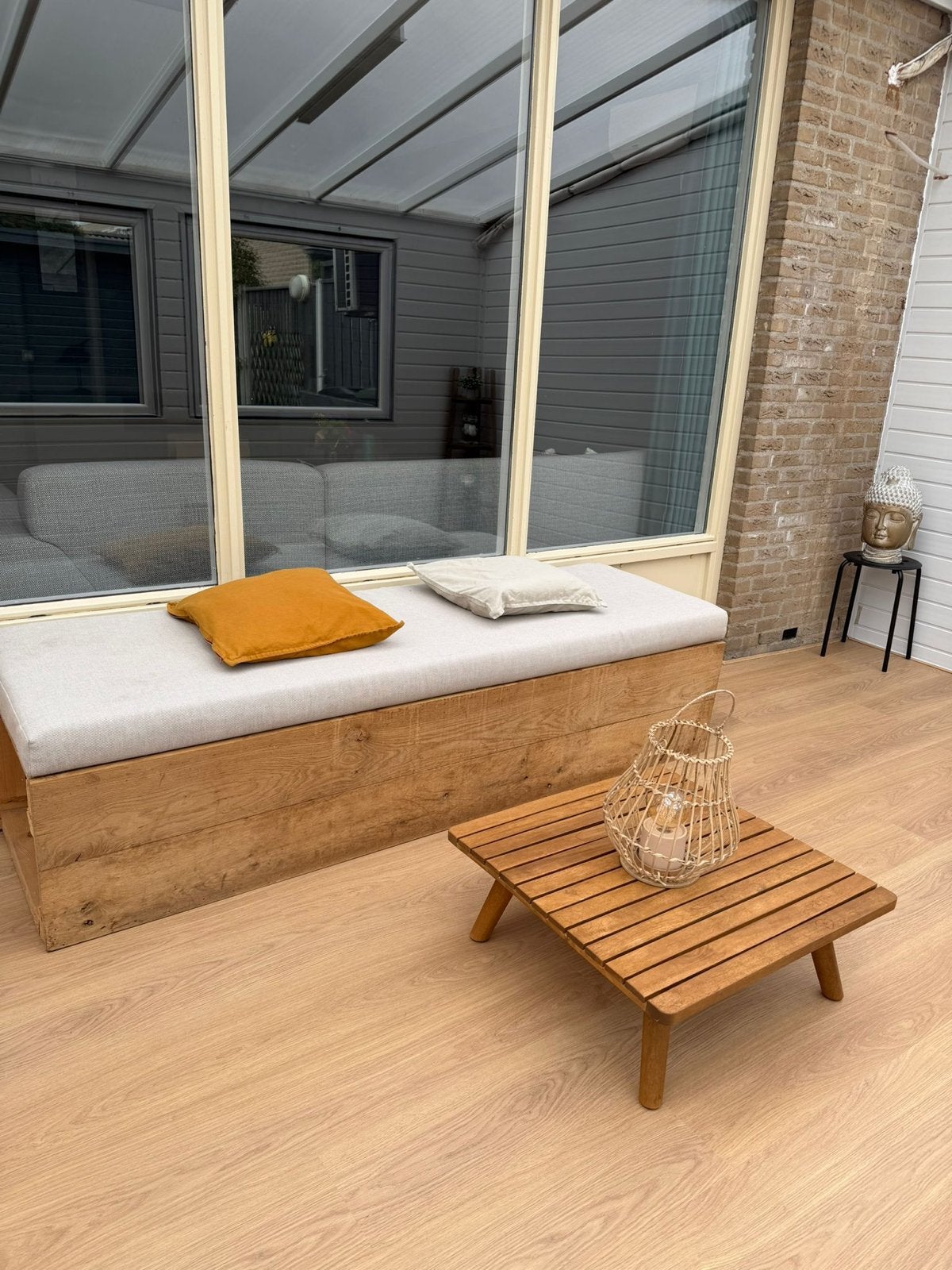 Houten bank en salontafel set (199x59x40 cm), Huis en Inrichting, Tafels | Salontafels, Ophalen, Gebruikt, 50 tot 100 cm, 150 tot 200 cm