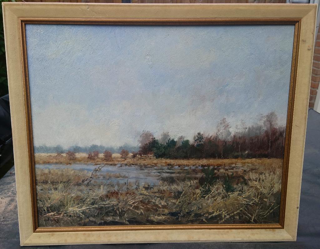 A.v.d. Broek "Platvoetje" te Heeze, Brabant, 1982 olieverf, Antiek en Kunst, Kunst | Schilderijen | Klassiek, Ophalen of Verzenden