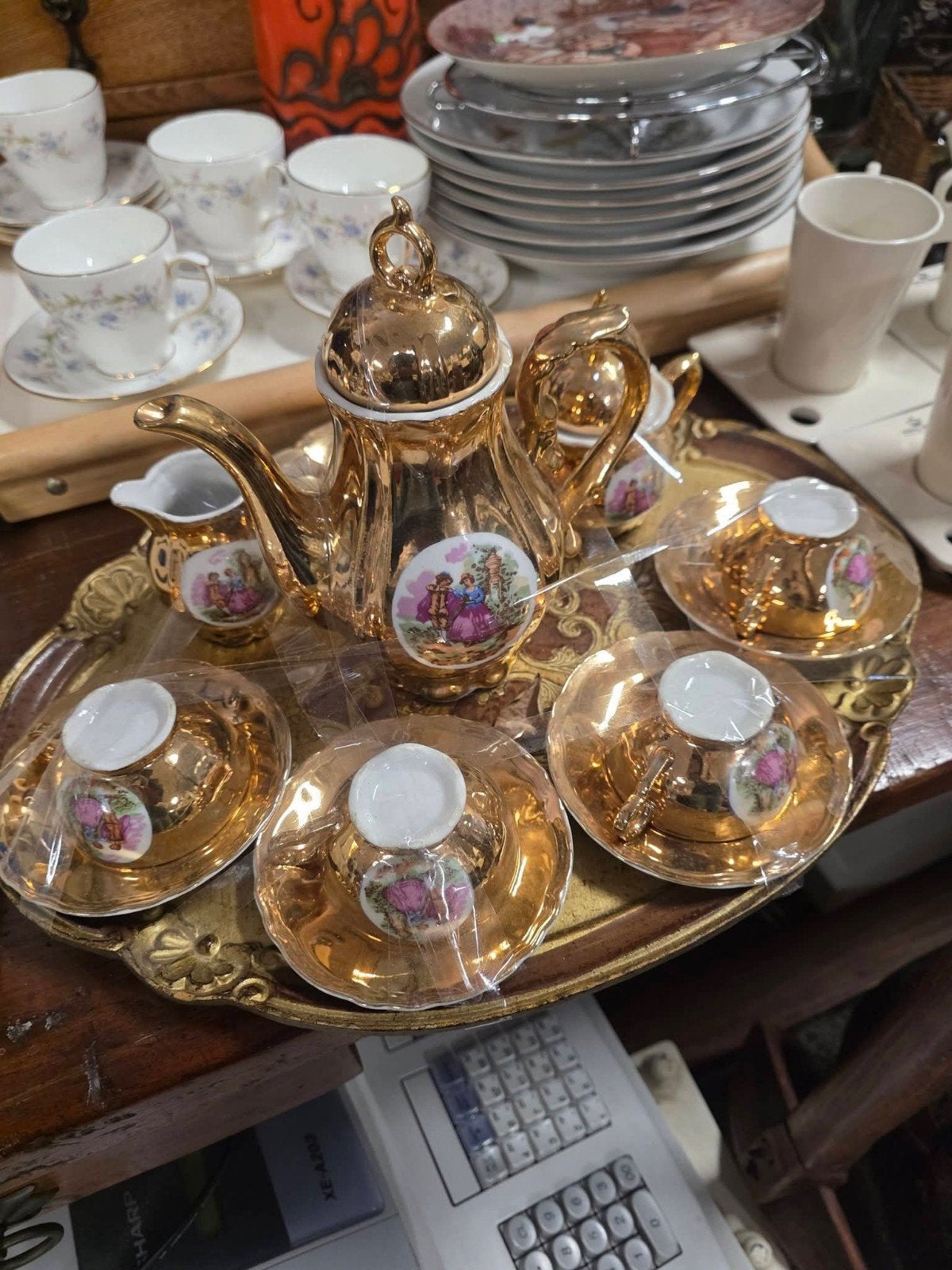 Vintage Gouden Theeservies met Schilderijen, Ophalen of Verzenden