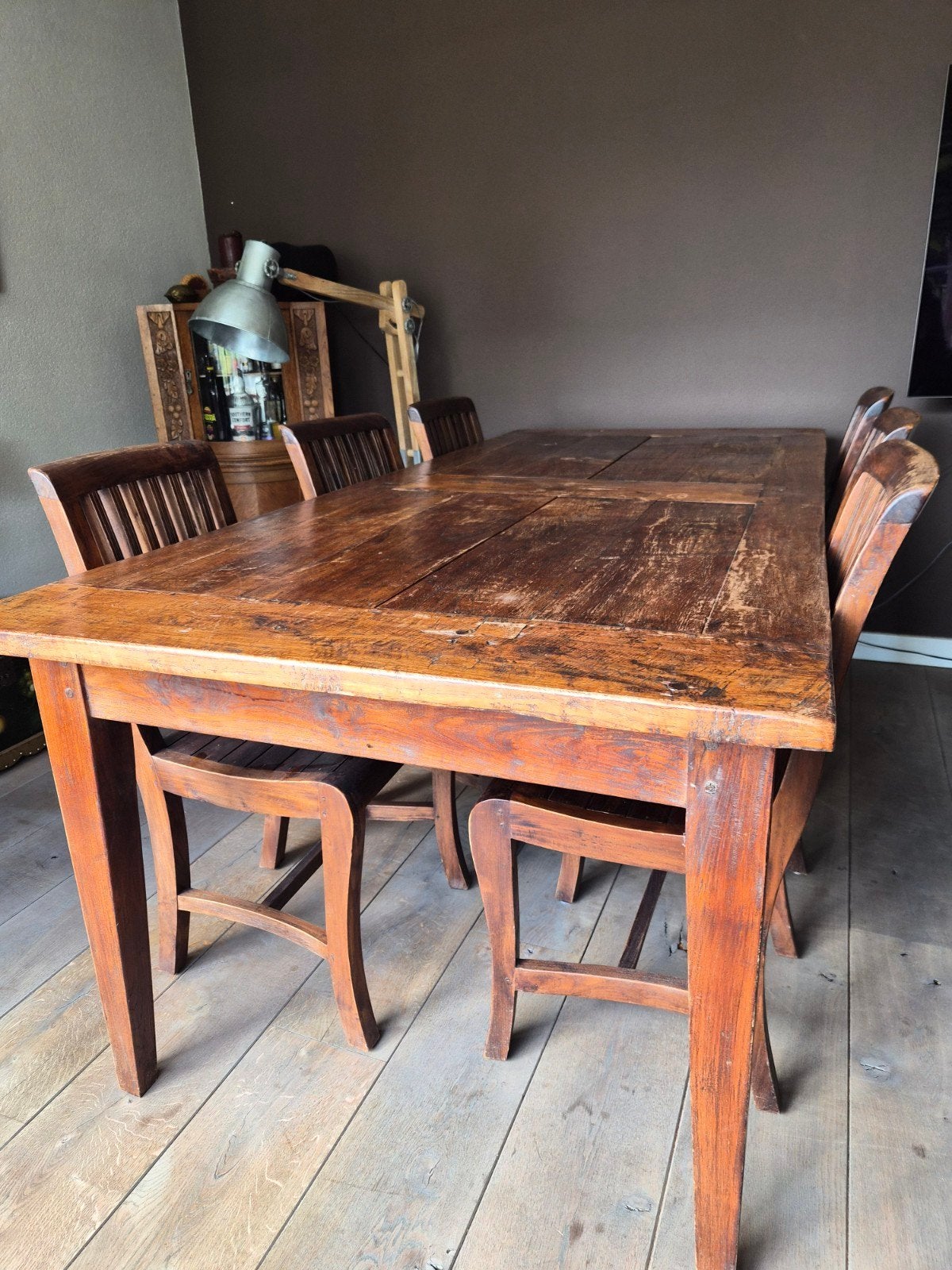 Robuuste houten eettafel met 6 stoelen, Antiek en Kunst, Ophalen