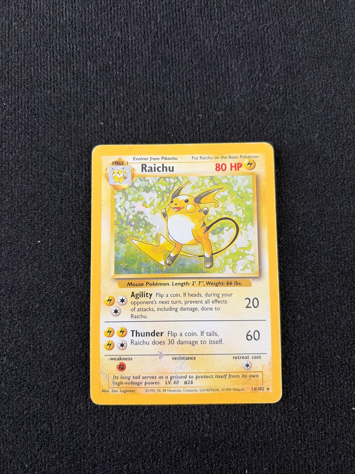 Pokémon Raichu Base Set Holo 1999 Engels #14/102, Ophalen of Verzenden, Gebruikt, Losse kaart