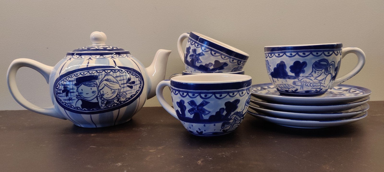 Blond Amsterdam theeset met theepot en 4 kop en schotels, Ophalen, Zo goed als nieuw, Delftsblauw, Kop(pen) en/of Schotel(s)