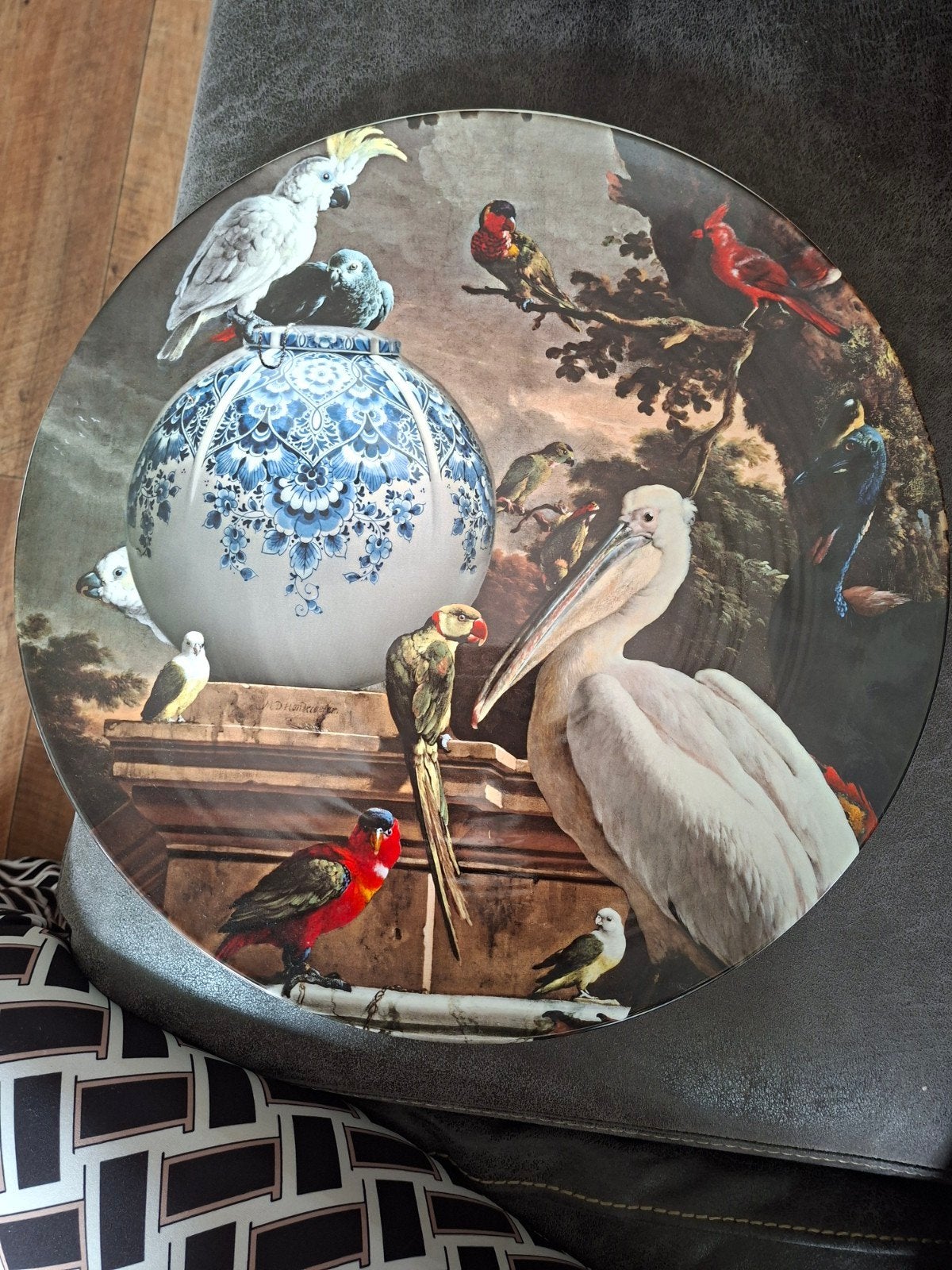 Heinen Delfts Blauw Wandbord met Exotische Vogels, Ophalen of Verzenden
