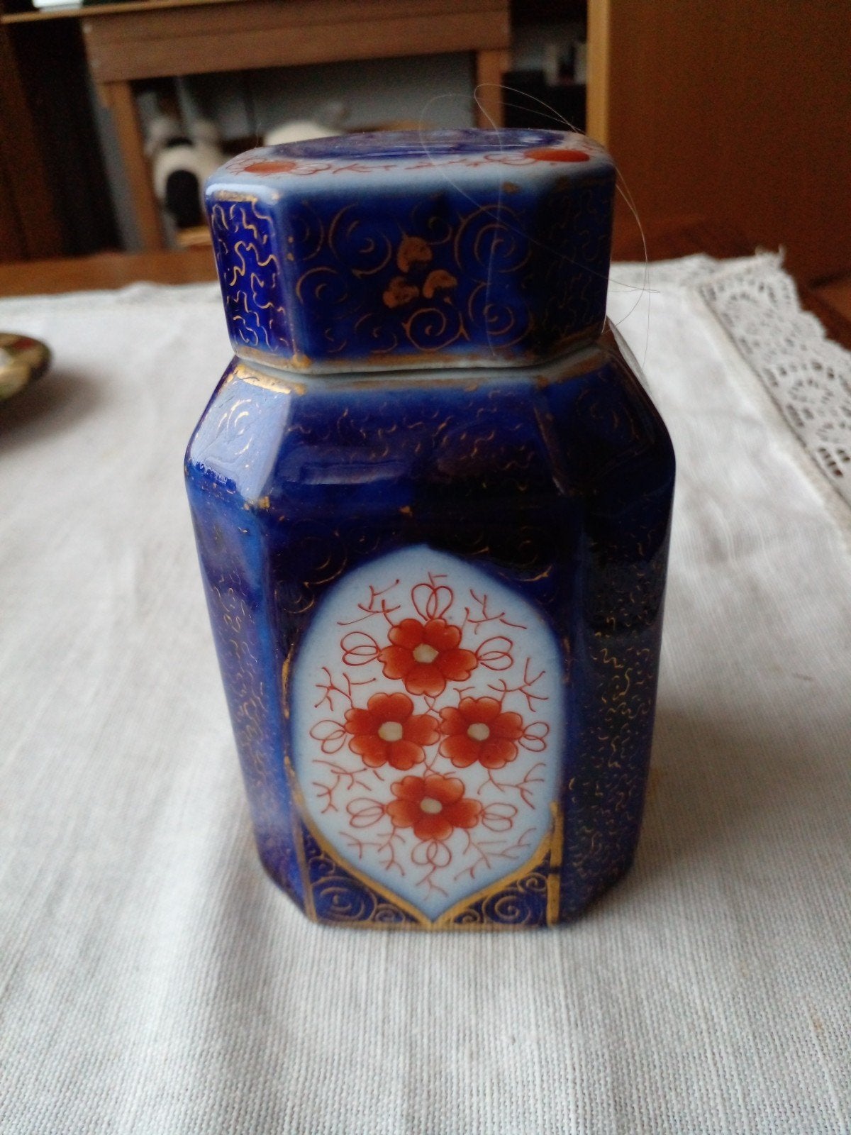 Antieke  porseleinen theebus, blauw en goud, Ophalen of Verzenden