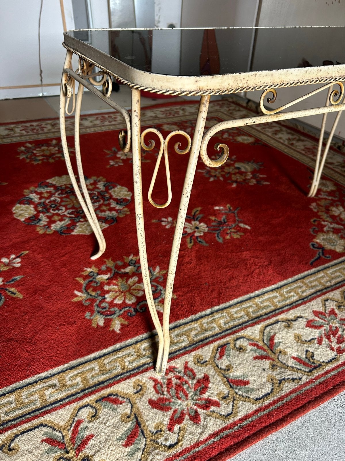Vintage salontafel met smeedijzeren frame en glazen blad, Ophalen