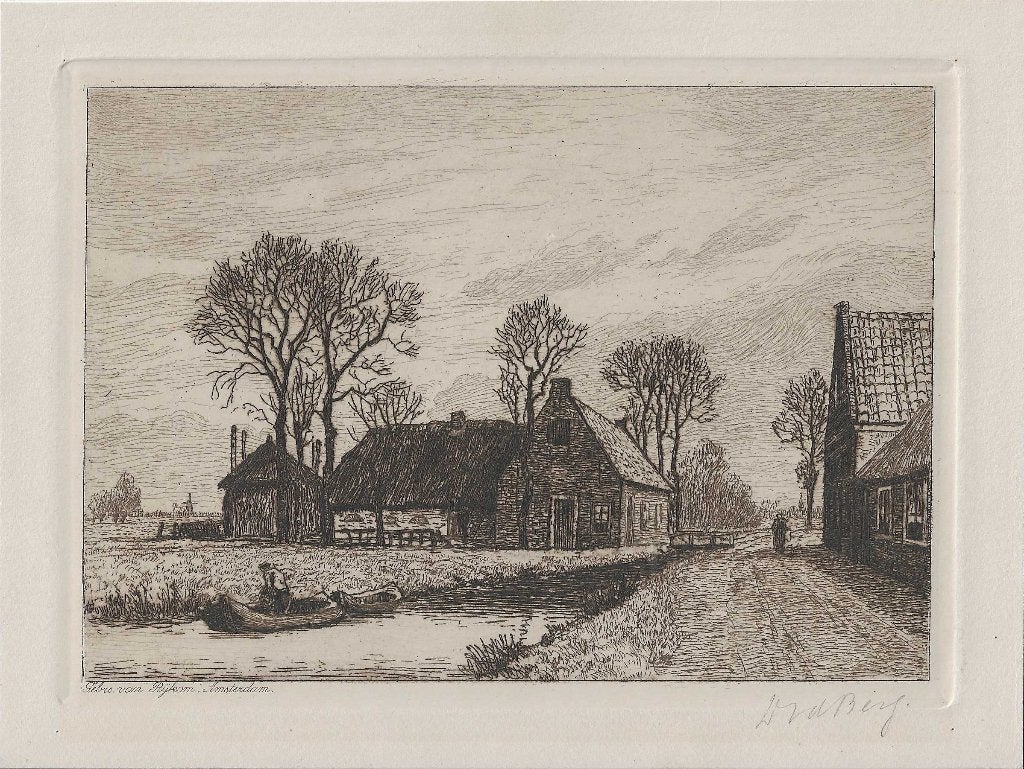 D. v.d. Berg Ets Boerderijen ca. 1920 ? Uitg. Gebr. v Rijkom, Ets, Blanco verso, 12 cm, Landschap