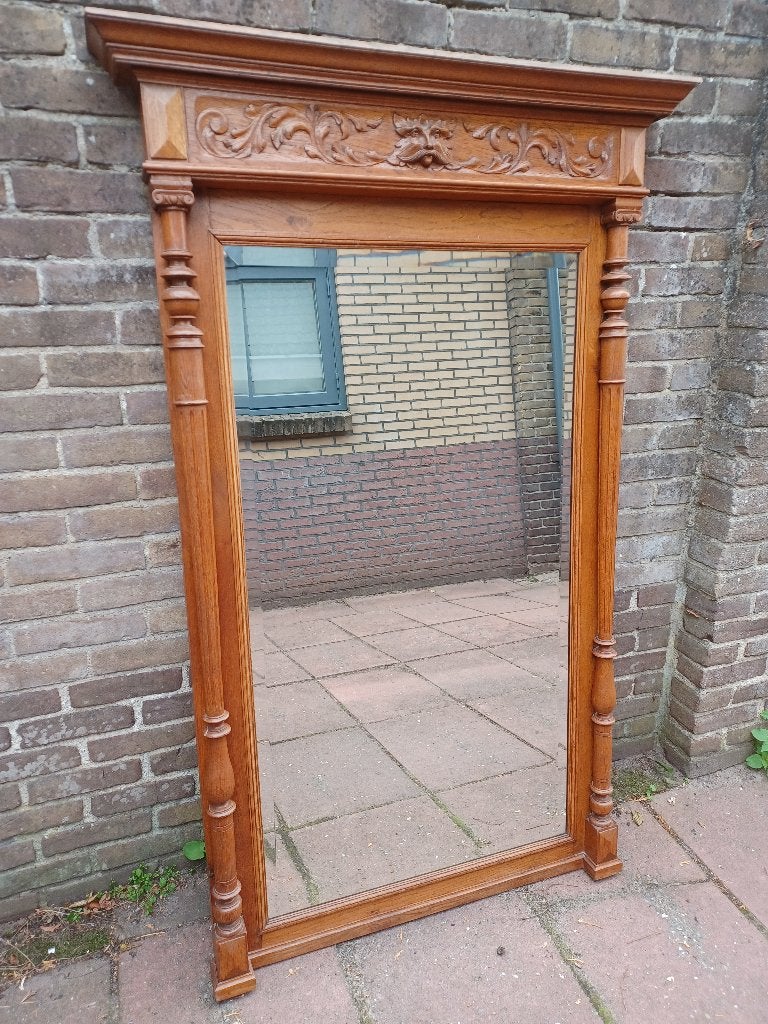 Antieke Eiken Spiegel , 153 hoog,  96 breed, Antiek en Kunst, Ophalen, Rechthoekig