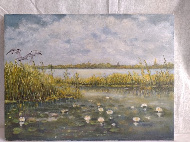 Schilderij Moeras met waterlelies en rietkragen, Ophalen of Verzenden, Klassiek, Landschap, Doek