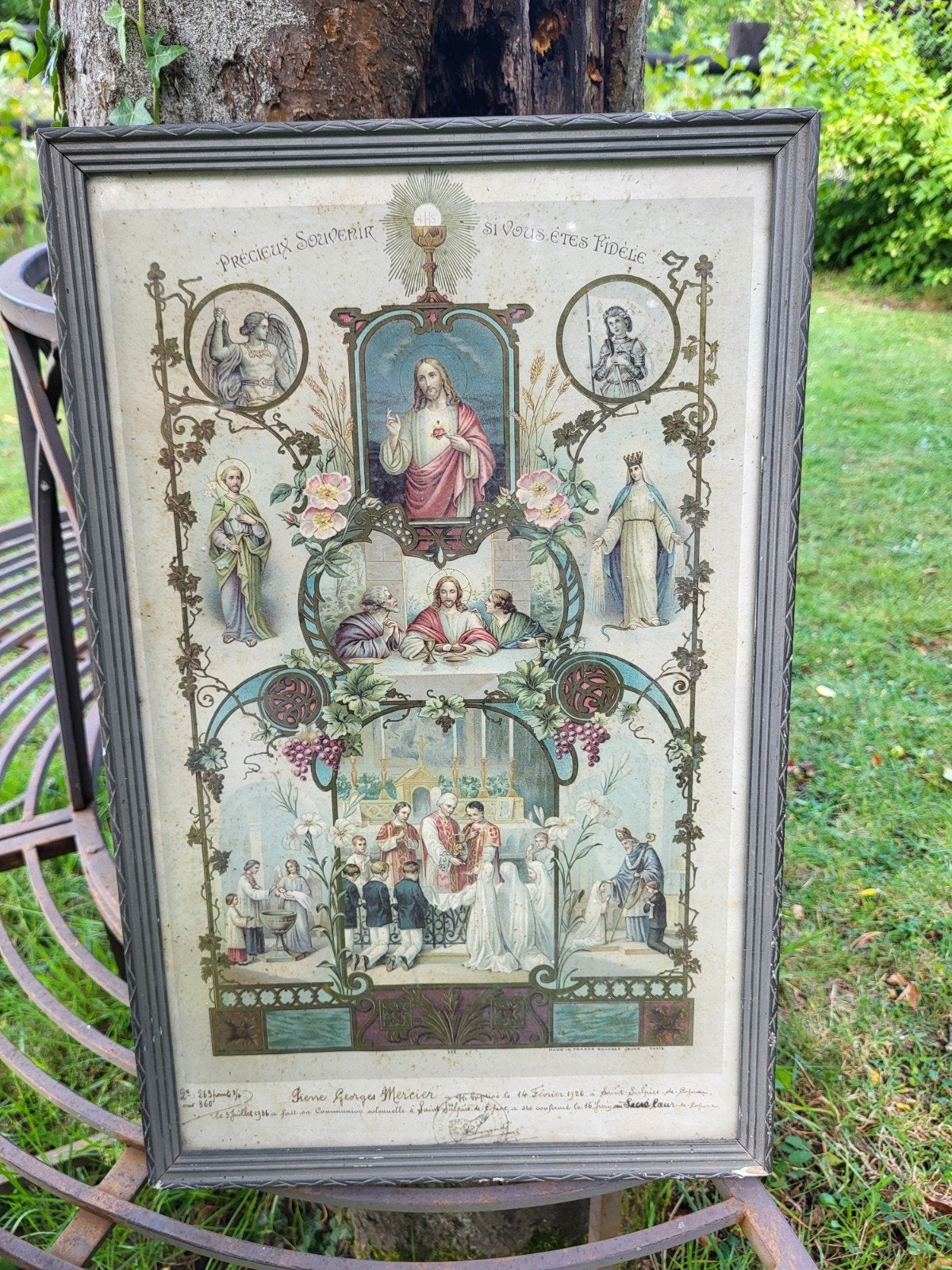 franse brocante religieuze afbeelding in lijst  / allegonda, Antiek en Kunst, Ophalen of Verzenden