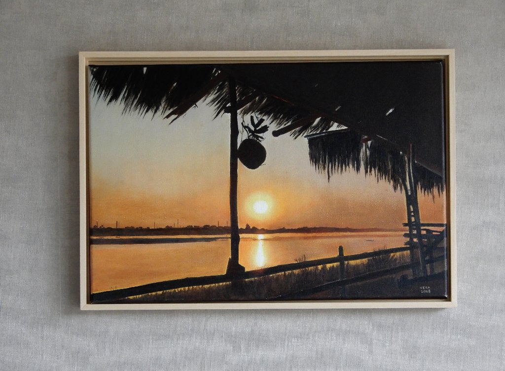 Schilderij zonsondergang Vientiane Laos, Doek, Realistisch, Ophalen of Verzenden, Landschap