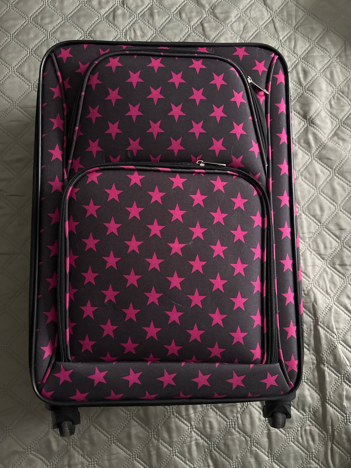 Handige reiskoffer zwart rose sterrenpatroon en 4 wieltjes, 40 tot 60 cm, 30 cm of meer, Gebruikt, Zwart