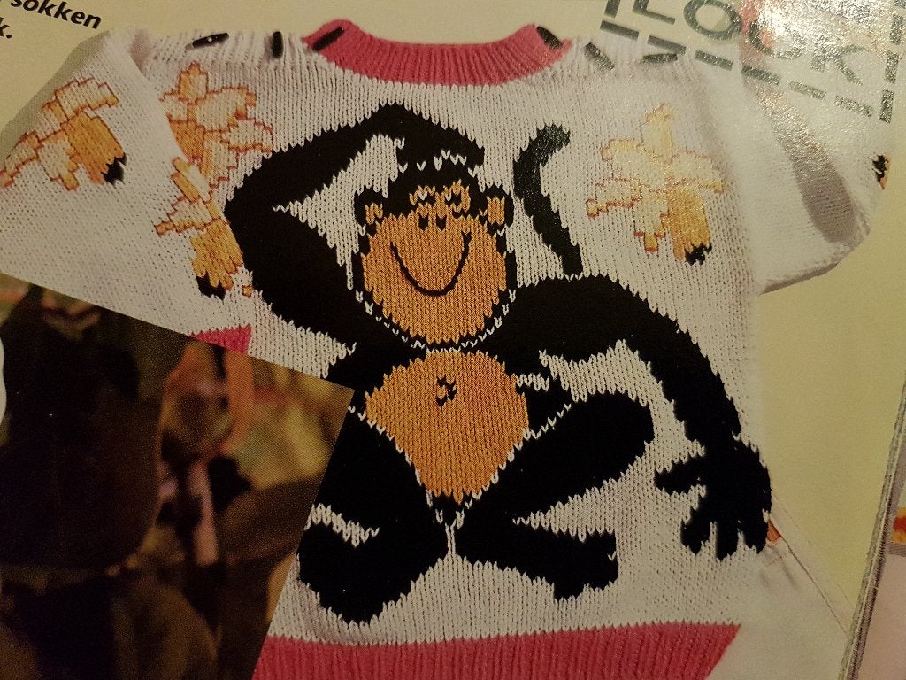 Aap met bananen trui breipatroon, Ophalen of Verzenden, Zo goed als nieuw, Breien, Patroon of Boek