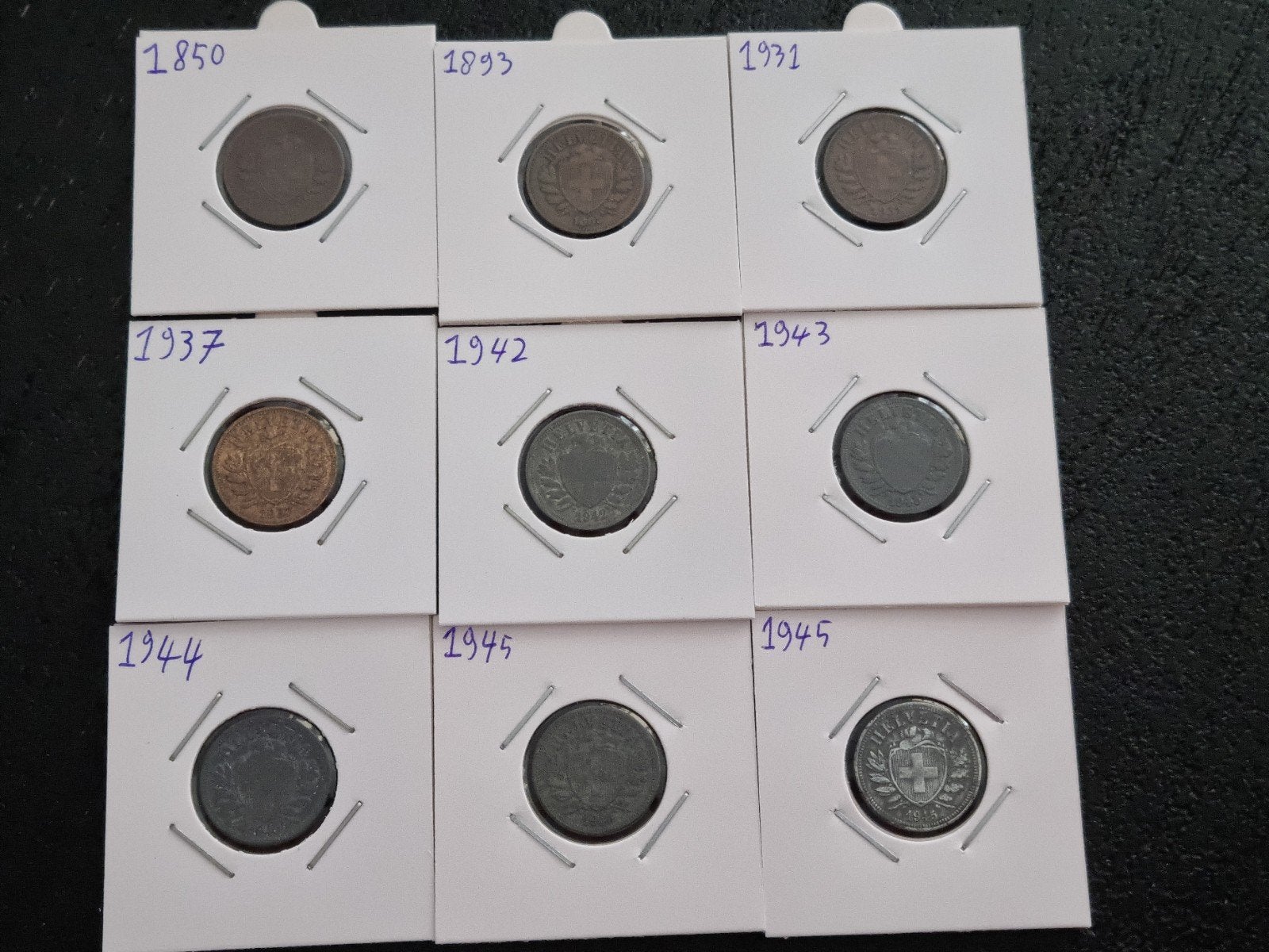 Set van 9 oude Zwitserse 2 rap munten, diverse jaren, Ophalen of Verzenden, Overige landen, Setje