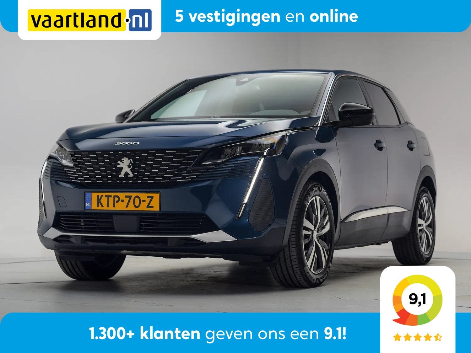 Peugeot 3008 1.6 Hybrid 225 Active Business [ Navi Apple/And, 150 pk, Blauw, Bedrijf, Hybride Elektrisch/Benzine