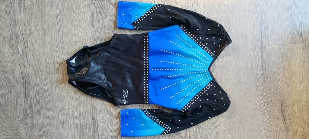 Turnpakje zwart/blauw met glitters, Sport en Fitness, Turnen, Blauw, Zo goed als nieuw, Turnpak(je), Kindermaat 122 t/m 140