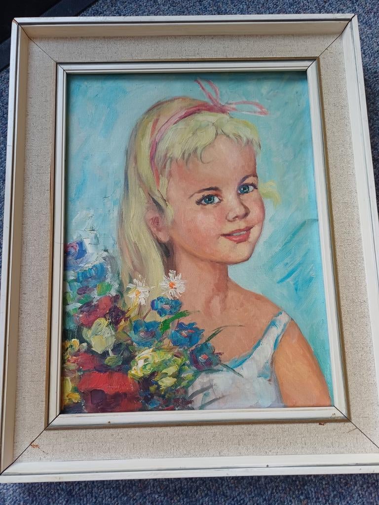 Olieverfschilderij van een meisje met bloemen, Ophalen of Verzenden