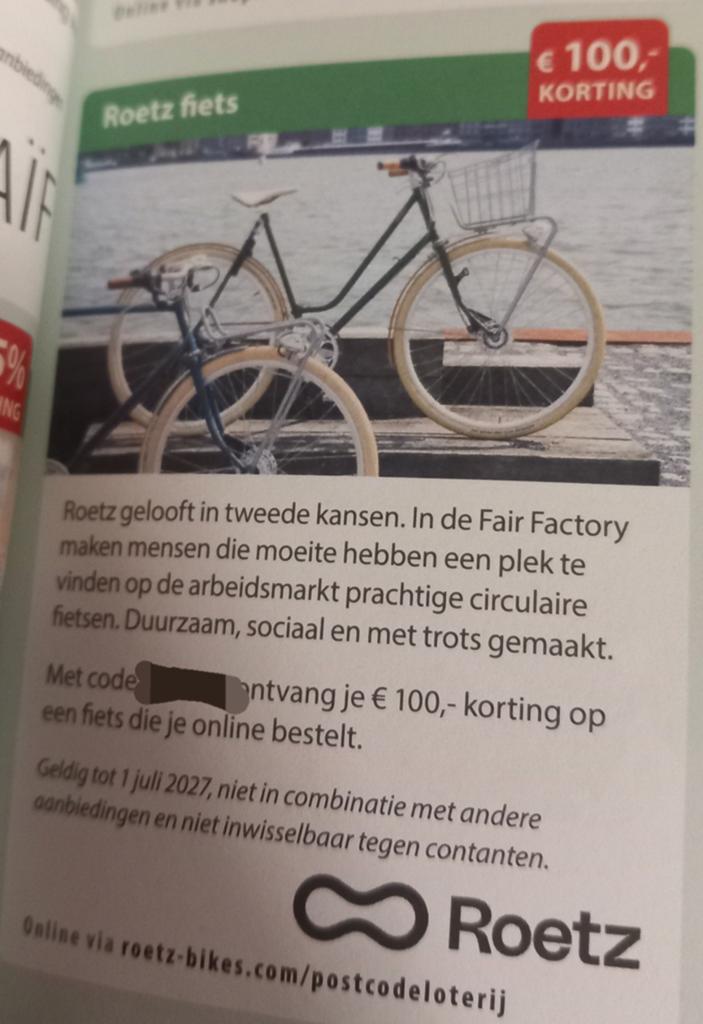 Roetz fiets 100 euro kortings code, Ophalen of Verzenden, Nieuw, Overige merken