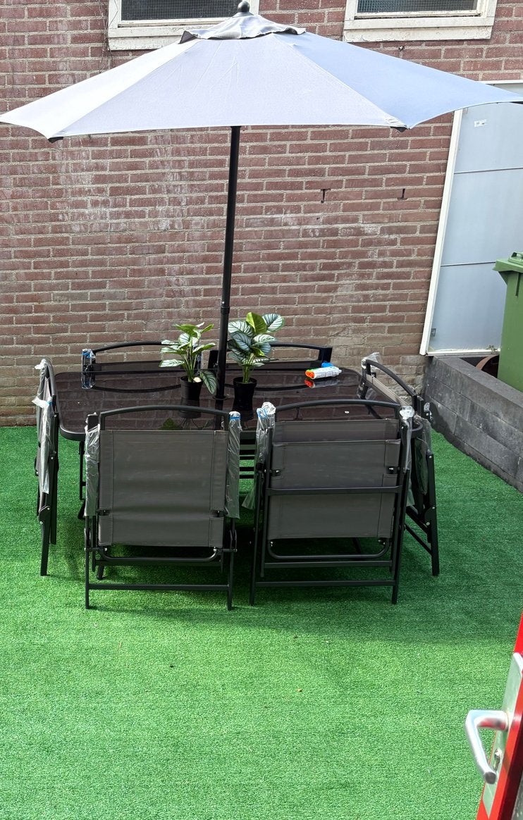 Tuin tafels met 6 stoelen en parasol, Ophalen, Gebruikt, Rechthoekig