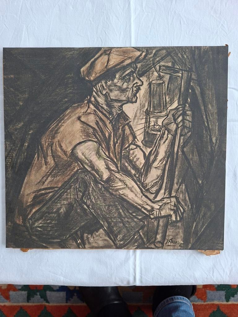 Jan Toorop, "de mijnwerker".  Chromolithodruk, nr 15/600., Antiek en Kunst, Ophalen of Verzenden