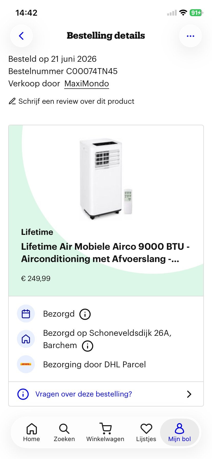 Lifetime Air Mobiele Airco 9000 BTU met Afvoerslang, Ophalen, Minder dan 60 m³, Nieuw, Koelen en Ontvochtigen