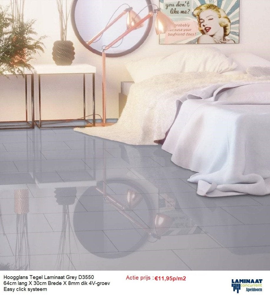 €11,95p/m2 Hoogglans Tegel laminaat Grey D3550 8mm dik, Huis en Inrichting, 75 m² of meer, Nieuw, Ophalen of Verzenden, Laminaat