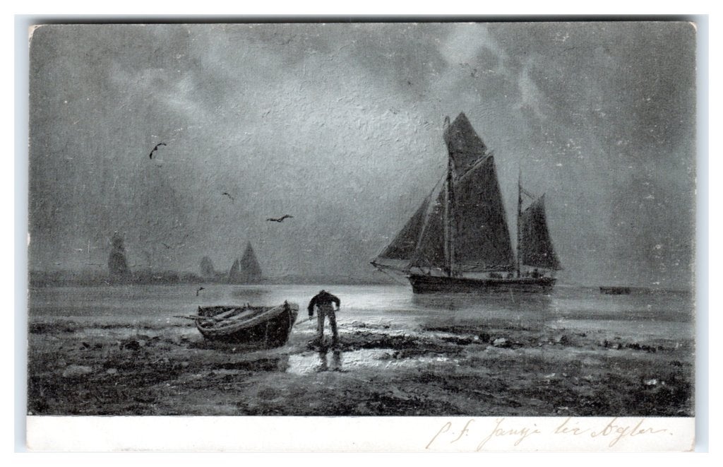 Ets? roeiboot op het strand. Gestempeld in Deventer, Verzenden, Voor 1920, Gelopen, Overige thema's