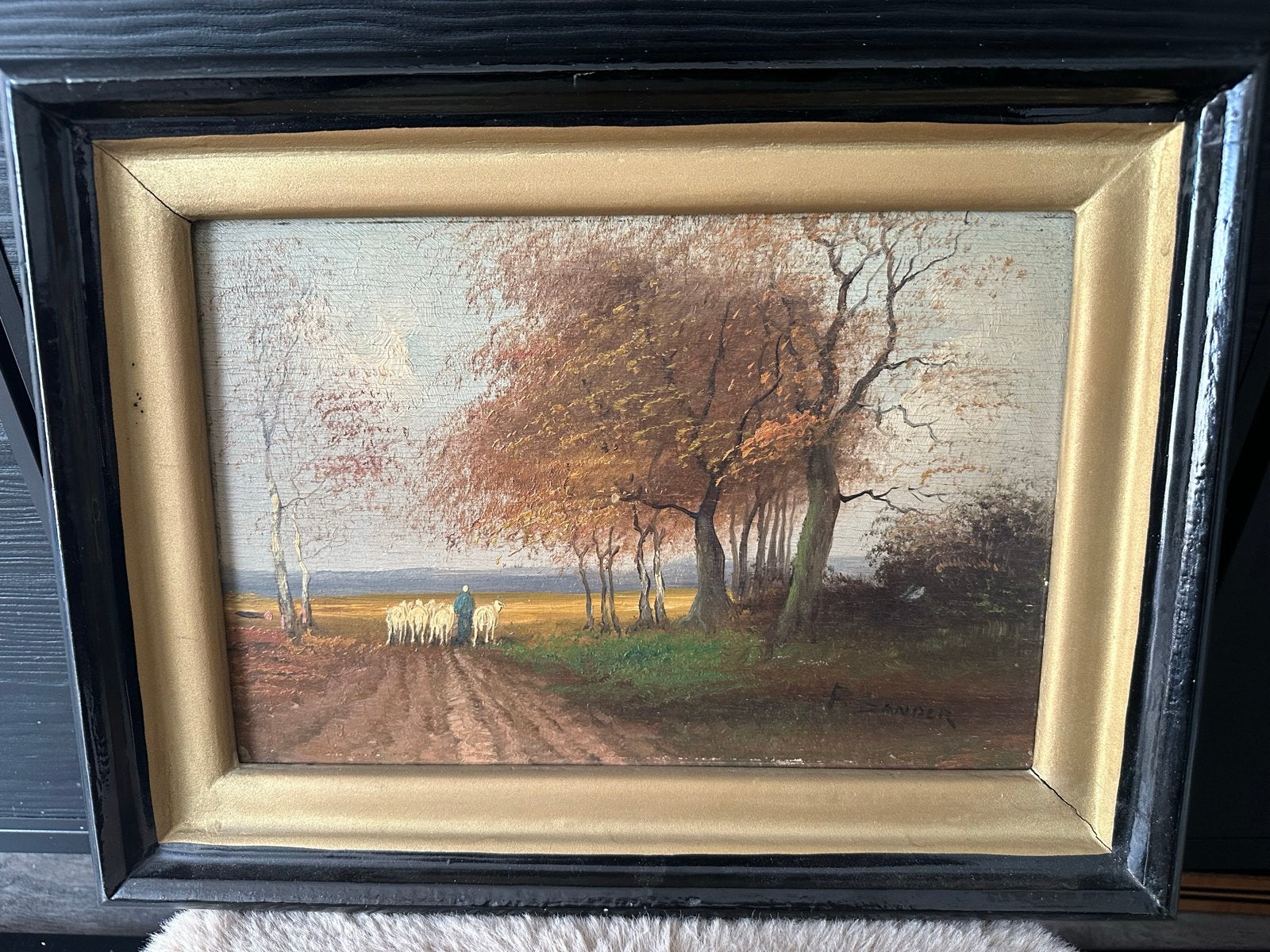 Oud schilderij herder met schapen, gesigneerd F. Sander, Ophalen of Verzenden