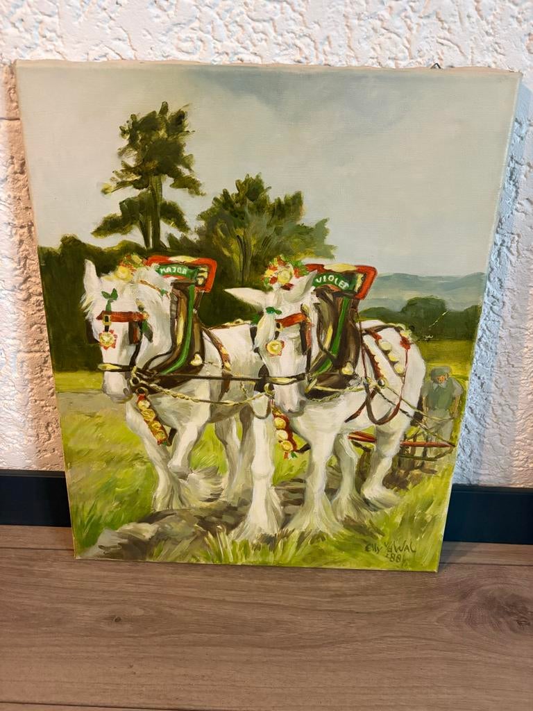 Schilderij met paarden en ploeg, Antiek en Kunst, Ophalen of Verzenden