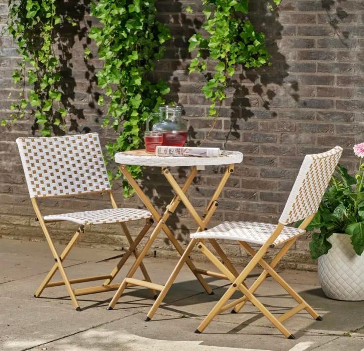 Bistroset Bellano wit wicker Karwei als nieuw wit goud bruin, Tuin en Terras, Tuinsets en Loungesets, Nieuw, Tuinset, Wicker, 2 zitplaatsen