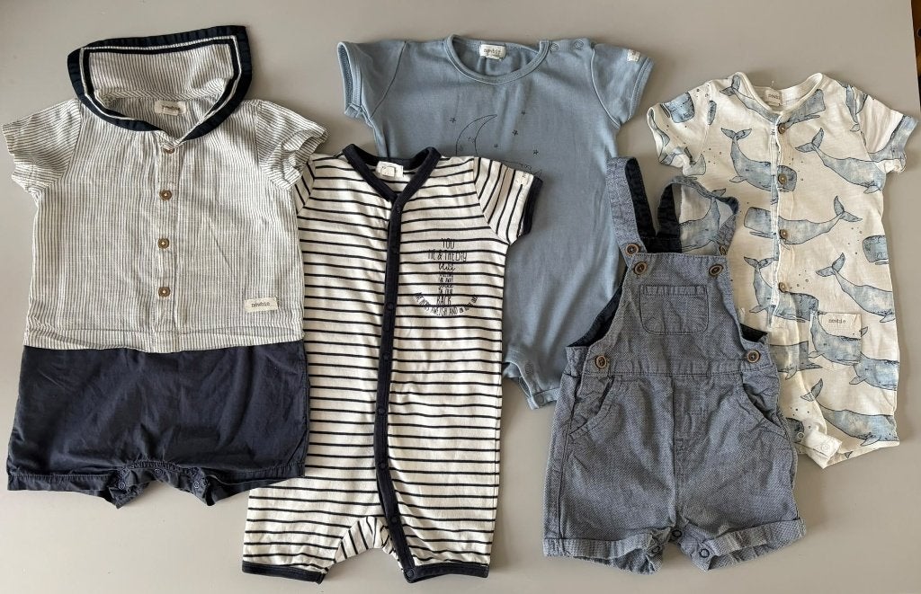 Newbie babykleding maat 74 – 4 rompers + tuinbroekje, Ophalen of Verzenden, Zo goed als nieuw, Setje, Jongetje