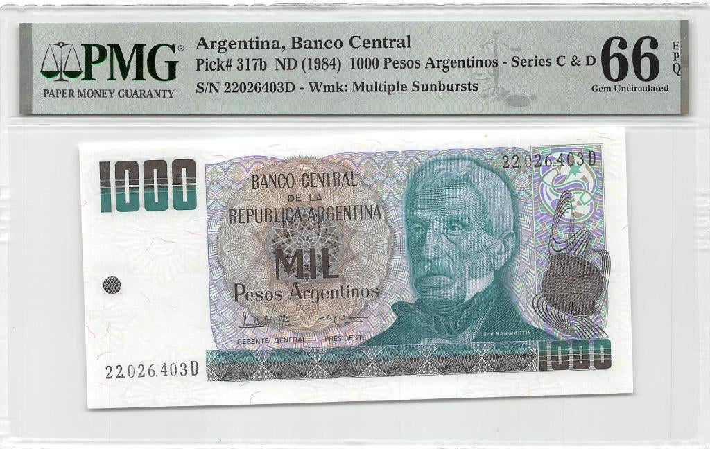 Argentina 1000 Pesos Argentinos 1984 Unc PMG 66 EPQ, Ophalen of Verzenden, Zuid-Amerika, Los biljet