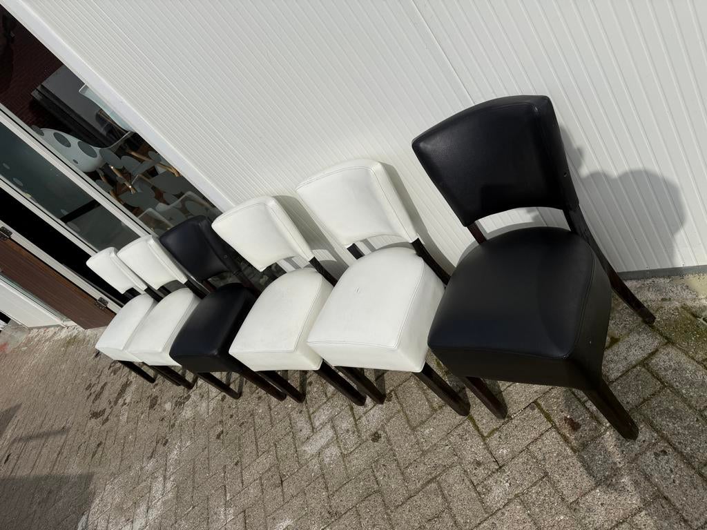 Set van 6 Stoelen Zwart en Wit Kunstleer horeca cafe 6 stuks, Ophalen, Gebruikt, Zwart, Leer