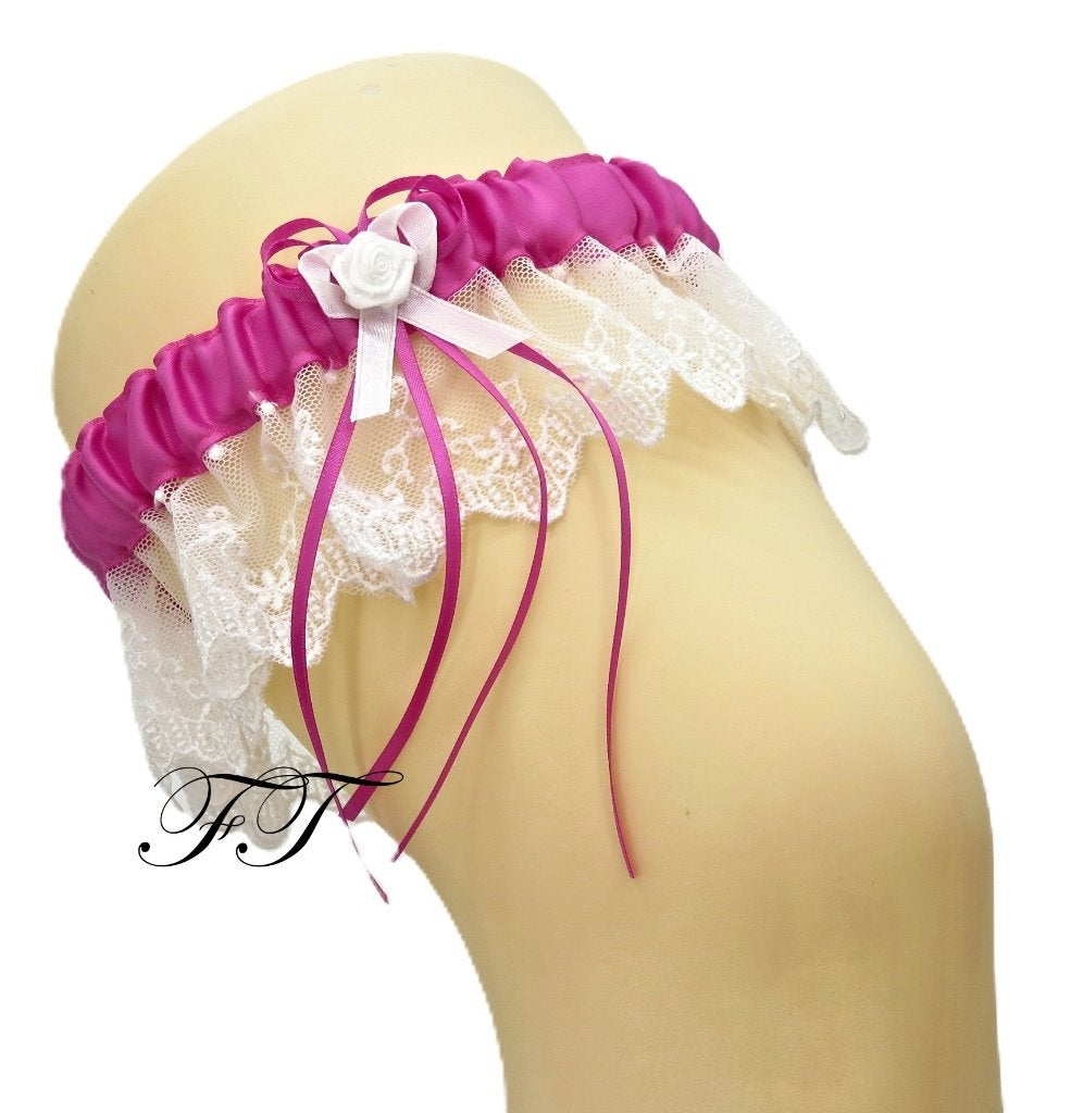 Schitterende bruid kousenband azalea roze met witte kant., Ophalen of Verzenden, Nieuw