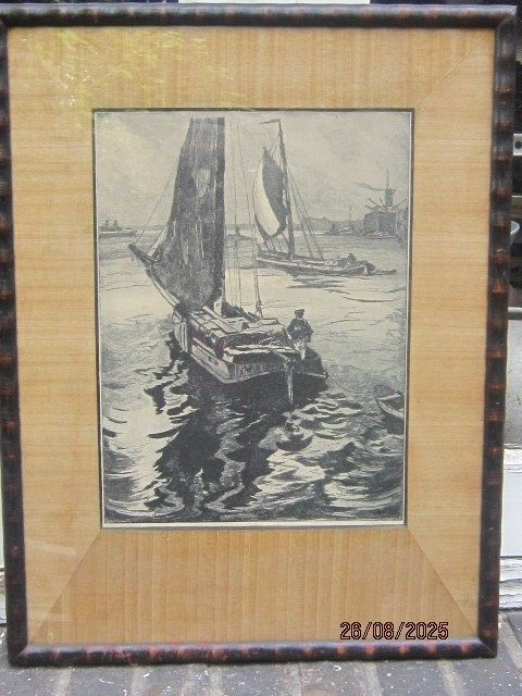 JAN SIRKS, Mooie ingelijste  ets. Zeilende Westlanders, Antiek en Kunst, Kunst | Etsen en Gravures, Ophalen, Ets