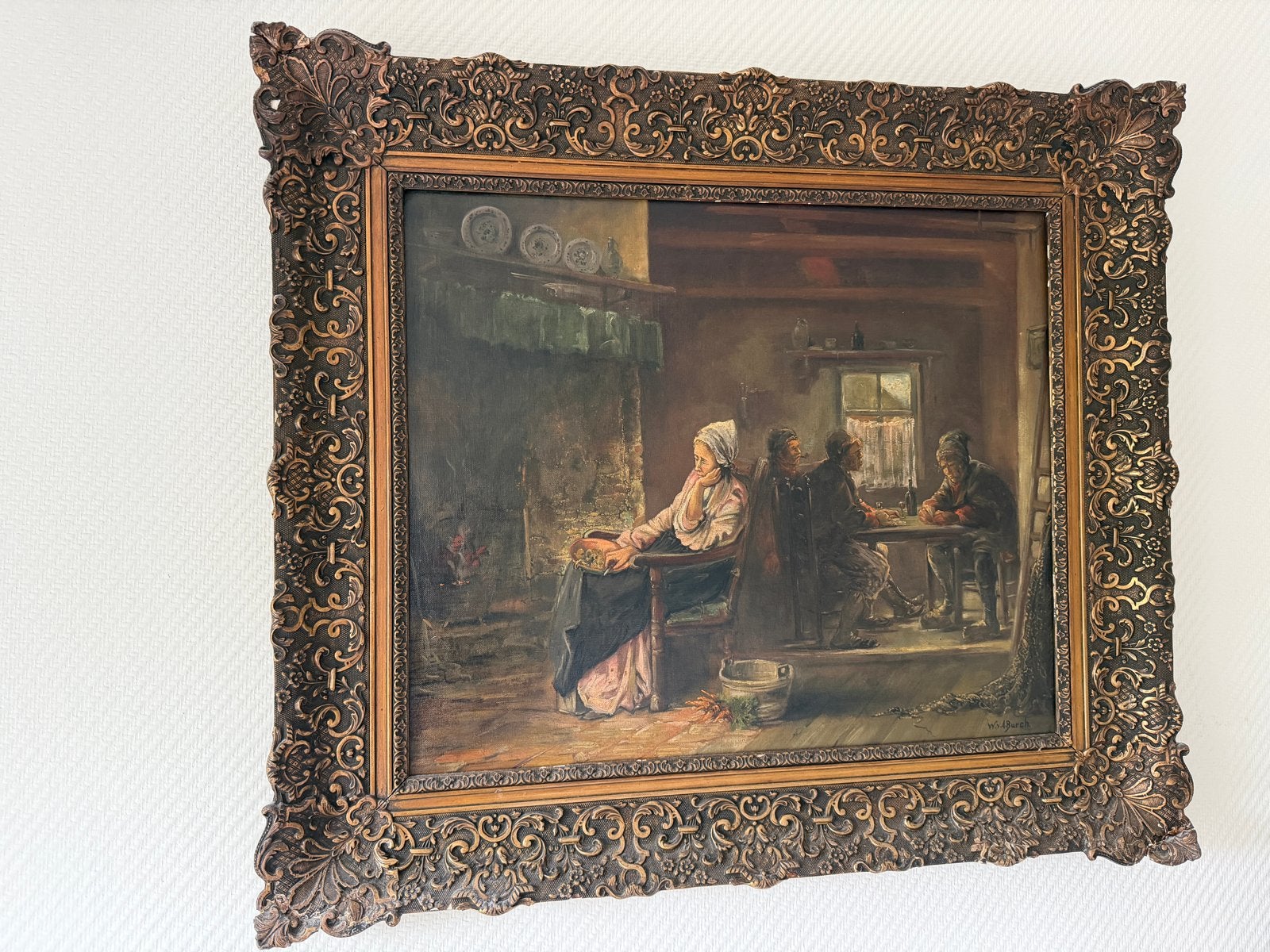 Olieverfschilderij W.v.d. Burch - Interieur met figuren, Antiek en Kunst, Ophalen, Doek, Portret of Personen, Realistisch