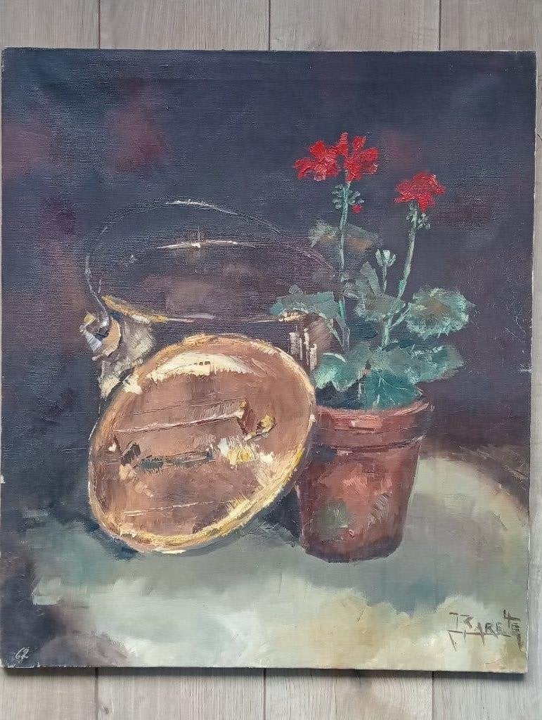 Stilleven bloem en pot olie op doek, Antiek en Kunst, Doek, Expressionistisch, Olieverf, Origineel werk